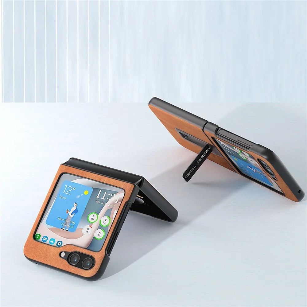 ABEEL For Samsung Galaxy Z Flip5 5G Cowhide Texture Phone Case PU Leather Coated PC Kickstand Cover - Brown - 3