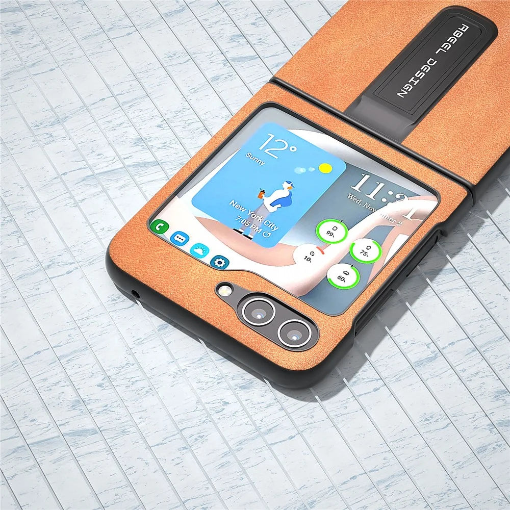 ABEEL For Samsung Galaxy Z Flip5 5G Cowhide Texture Phone Case PU Leather Coated PC Kickstand Cover - Brown - 4