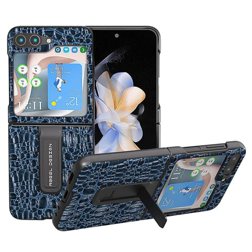 ABEEL For Samsung Galaxy Z Flip5 5G Kickstand Back Cover Genuine Cow Leather+PC Canopy Texture Phone Case - Black - 1