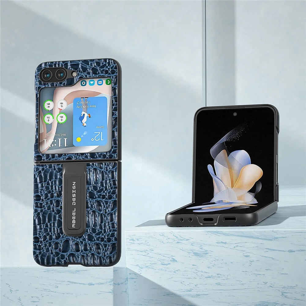 ABEEL For Samsung Galaxy Z Flip5 5G Kickstand Back Cover Genuine Cow Leather+PC Canopy Texture Phone Case - Black - 2
