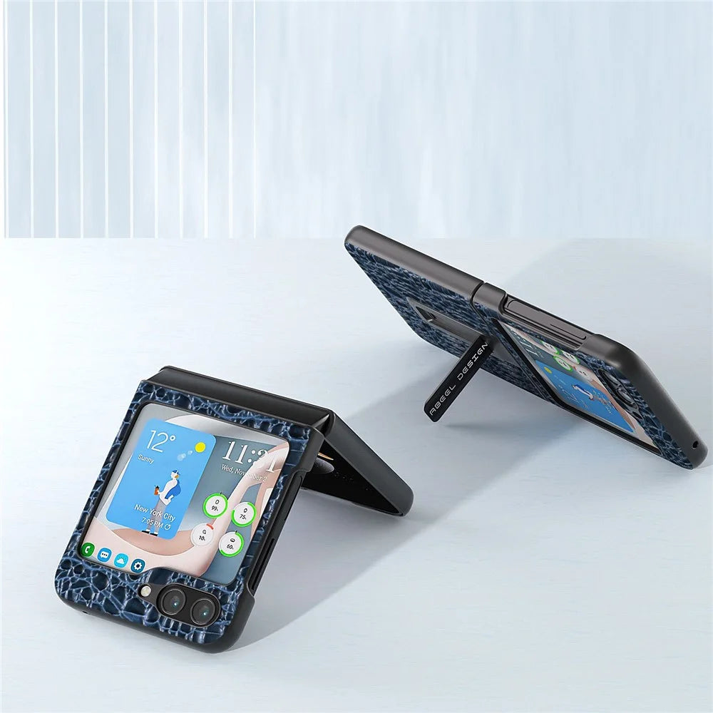 ABEEL For Samsung Galaxy Z Flip5 5G Kickstand Back Cover Genuine Cow Leather+PC Canopy Texture Phone Case - Black - 3