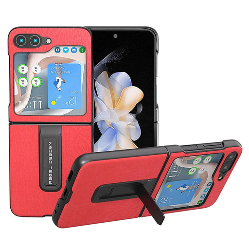ABEEL For Samsung Galaxy Z Flip5 5G Wood Texture Back Case PU Leather+PC Kickstand Phone Cover - Red - 1