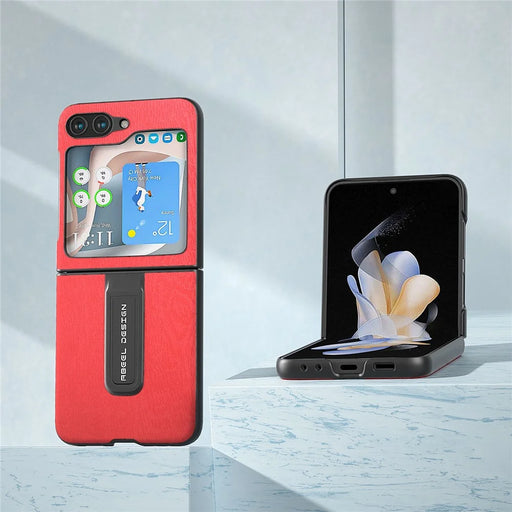 ABEEL For Samsung Galaxy Z Flip5 5G Wood Texture Back Case PU Leather+PC Kickstand Phone Cover - Red - 2