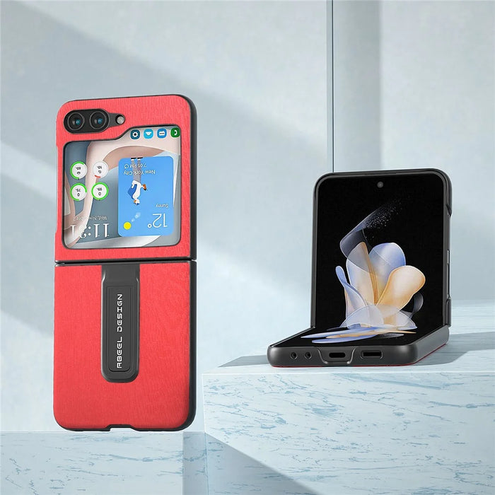 ABEEL For Samsung Galaxy Z Flip5 5G Wood Texture Back Case PU Leather+PC Kickstand Phone Cover - Red - 2