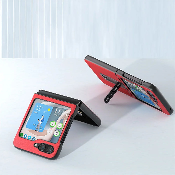 ABEEL For Samsung Galaxy Z Flip5 5G Wood Texture Back Case PU Leather+PC Kickstand Phone Cover - Red - 3