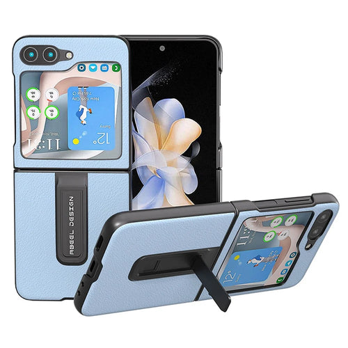 ABEEL For Samsung Galaxy Z Flip5 5G Kickstand Phone Case Genuine Cow Leather+PC Textured Cover - Blue - 1