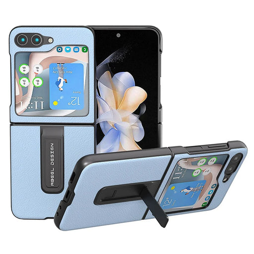 ABEEL For Samsung Galaxy Z Flip5 5G Kickstand Phone Case Genuine Cow Leather+PC Textured Cover - Blue - 1
