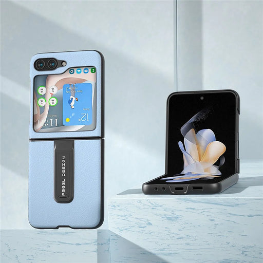 ABEEL For Samsung Galaxy Z Flip5 5G Kickstand Phone Case Genuine Cow Leather+PC Textured Cover - Blue - 2