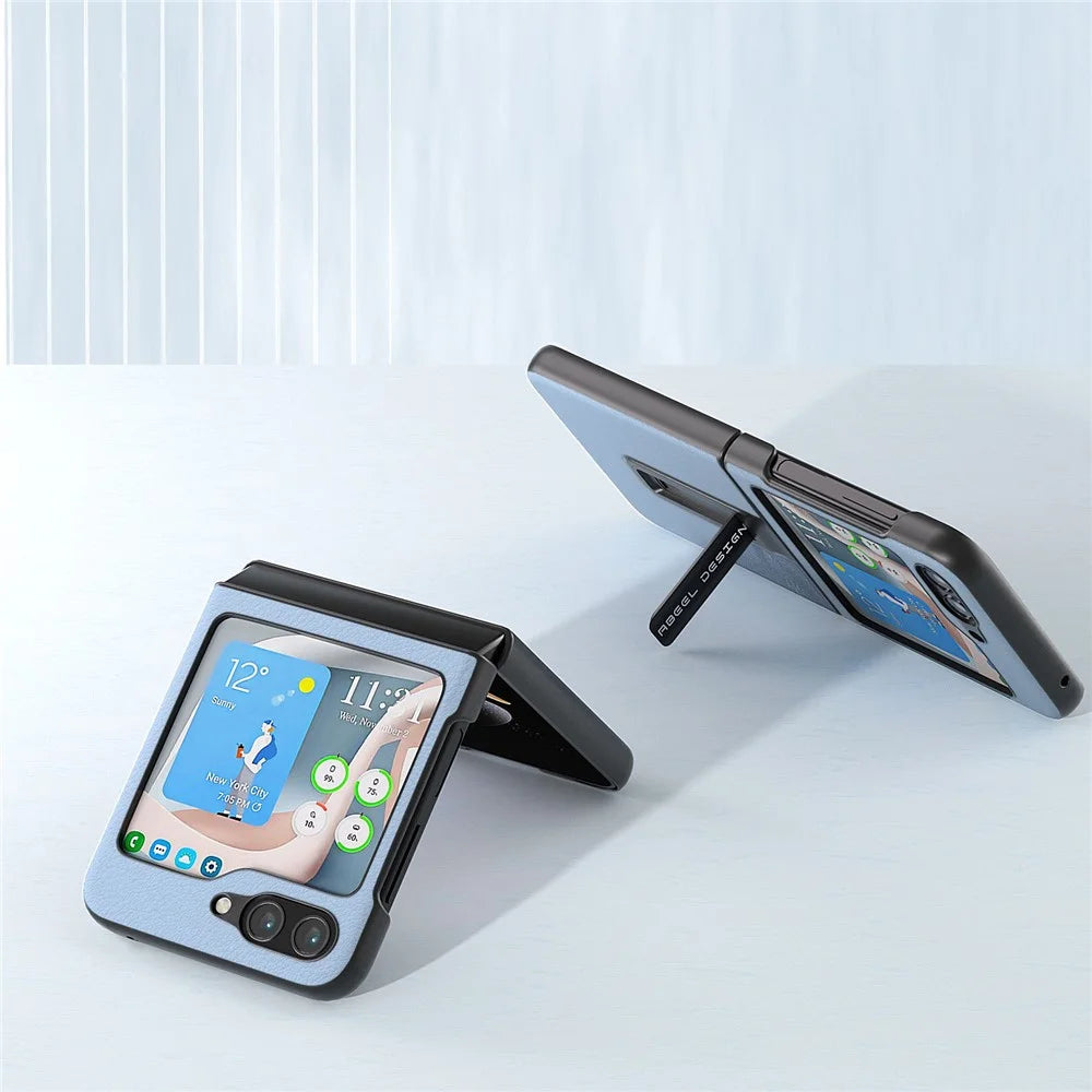 ABEEL For Samsung Galaxy Z Flip5 5G Kickstand Phone Case Genuine Cow Leather+PC Textured Cover - Blue - 3