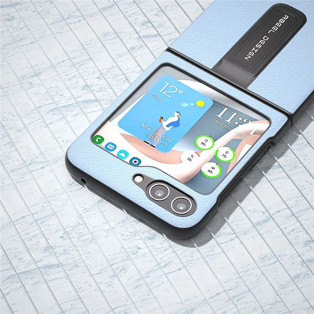ABEEL For Samsung Galaxy Z Flip5 5G Kickstand Phone Case Genuine Cow Leather+PC Textured Cover - Blue - 4
