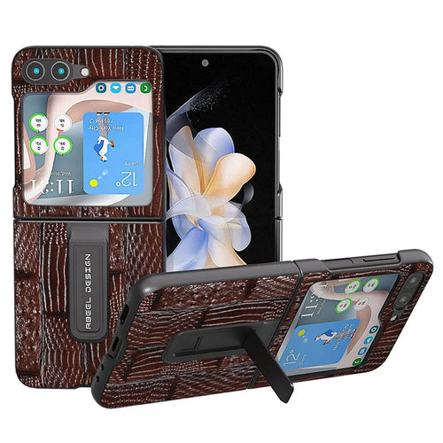 ABEEL For Samsung Galaxy Z Flip5 5G Mahjong Texture Kickstand Cover Genuine Cow Leather+PC Phone Case - Brown - 1