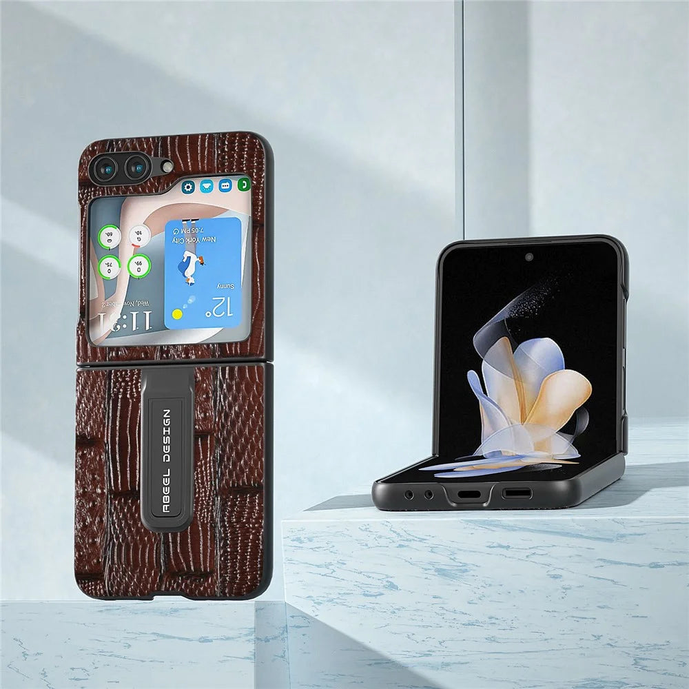 ABEEL For Samsung Galaxy Z Flip5 5G Mahjong Texture Kickstand Cover Genuine Cow Leather+PC Phone Case - Brown - 2