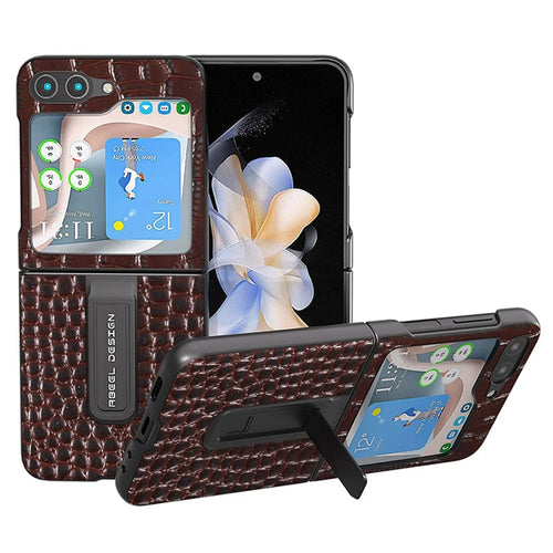 ABEEL For Samsung Galaxy Z Flip5 5G Crocodile Texture Protective Case Genuine Cow Leather+PC Kickstand Phone Cover - Coffee - 1