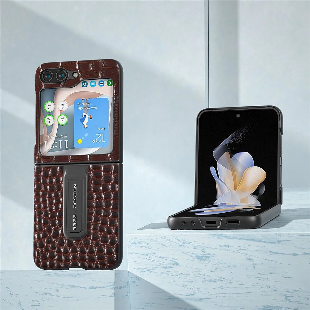 ABEEL For Samsung Galaxy Z Flip5 5G Crocodile Texture Protective Case Genuine Cow Leather+PC Kickstand Phone Cover - Coffee - 2