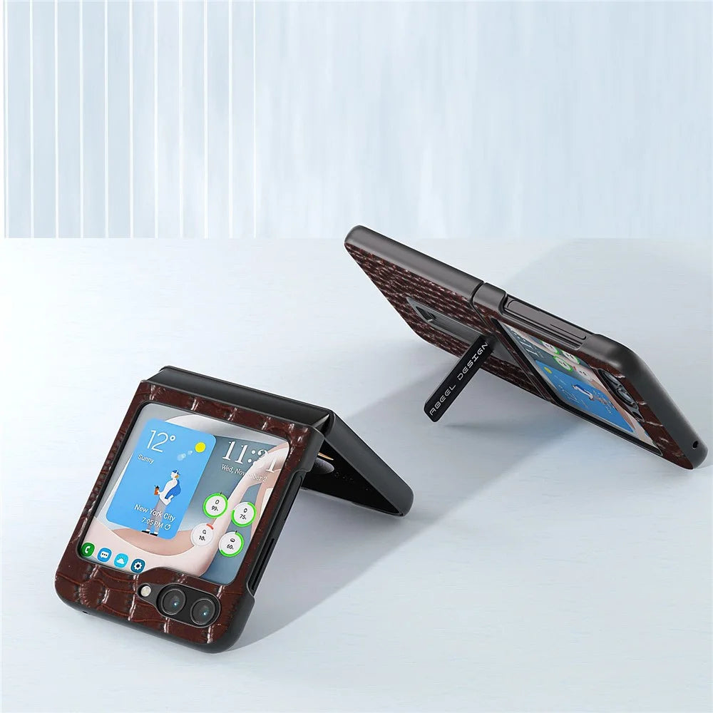 ABEEL For Samsung Galaxy Z Flip5 5G Crocodile Texture Protective Case Genuine Cow Leather+PC Kickstand Phone Cover - Coffee - 3