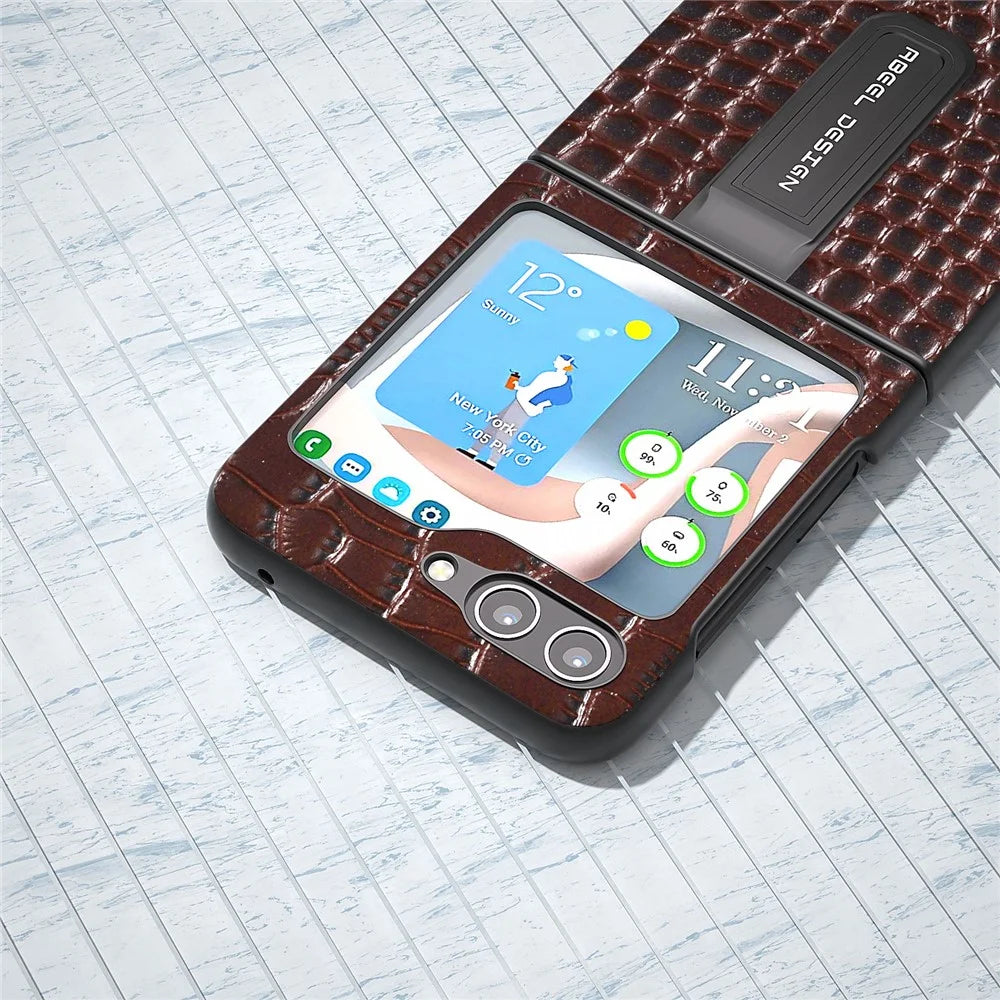 ABEEL For Samsung Galaxy Z Flip5 5G Crocodile Texture Protective Case Genuine Cow Leather+PC Kickstand Phone Cover - Coffee - 4