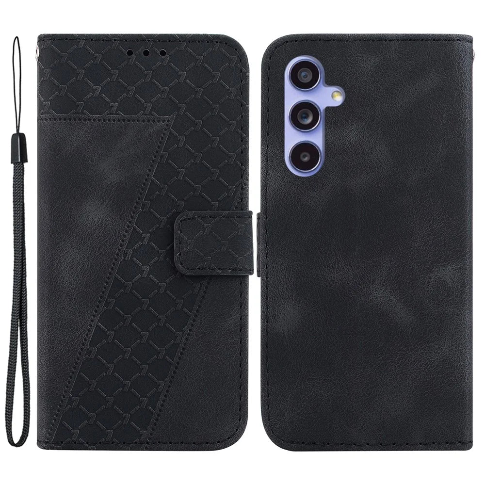 For Samsung Galaxy S23 FE Well-protected 7-Shape Imprinted Phone Cover PU Leather Wallet Stand Flip Case - Black - 1