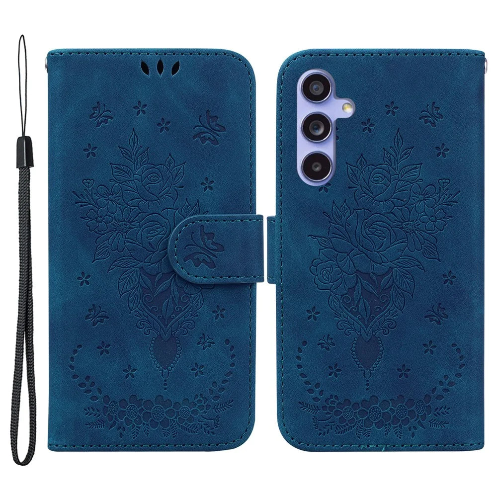 For Samsung Galaxy S23 FE Shockproof Wallet Case Rose Butterfly Imprinted Leather Stand Phone Cover - Blue - 1