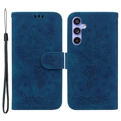 For Samsung Galaxy S23 FE Shockproof Wallet Case Rose Butterfly Imprinted Leather Stand Phone Cover - Blue - 1