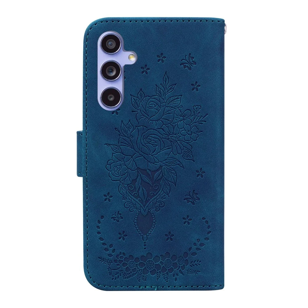 For Samsung Galaxy S23 FE Shockproof Wallet Case Rose Butterfly Imprinted Leather Stand Phone Cover - Blue - 7