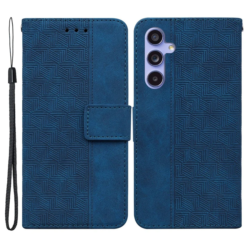 For Samsung Galaxy S23 FE Geometry Imprinted Stand Shell PU Leather Wallet Phone Cover - Blue - 1