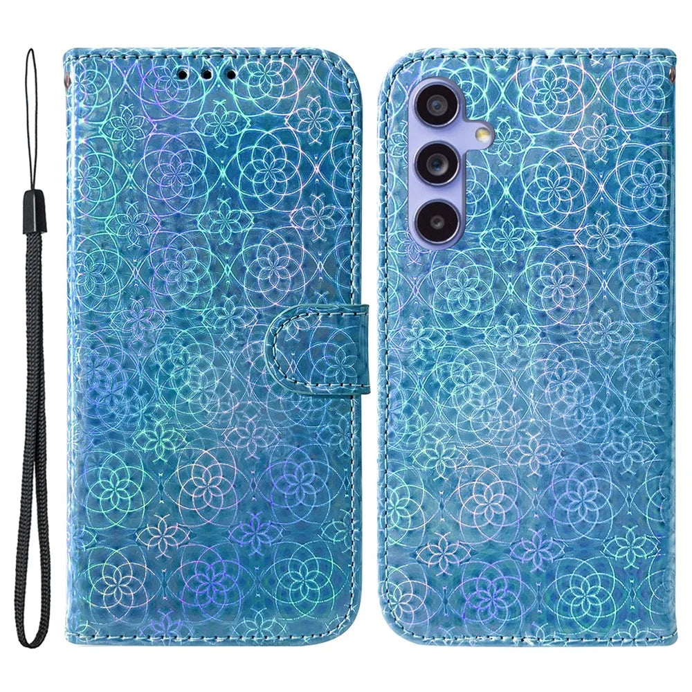 For Samsung Galaxy S23 FE Dazzling Flower Pattern Phone Wallet Case PU Leather Stand Cover - Blue - 1