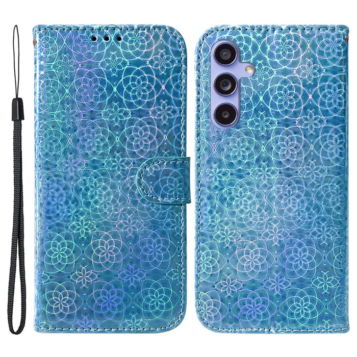 For Samsung Galaxy S23 FE Dazzling Flower Pattern Phone Wallet Case PU Leather Stand Cover - Blue - 1