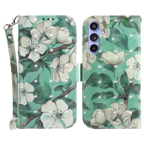 PU Leather Stand Filp Cover for Samsung Galaxy S23 FE , 3D Pattern Printing Wallet Phone Case with Strap - Watercolor Flowers - 1