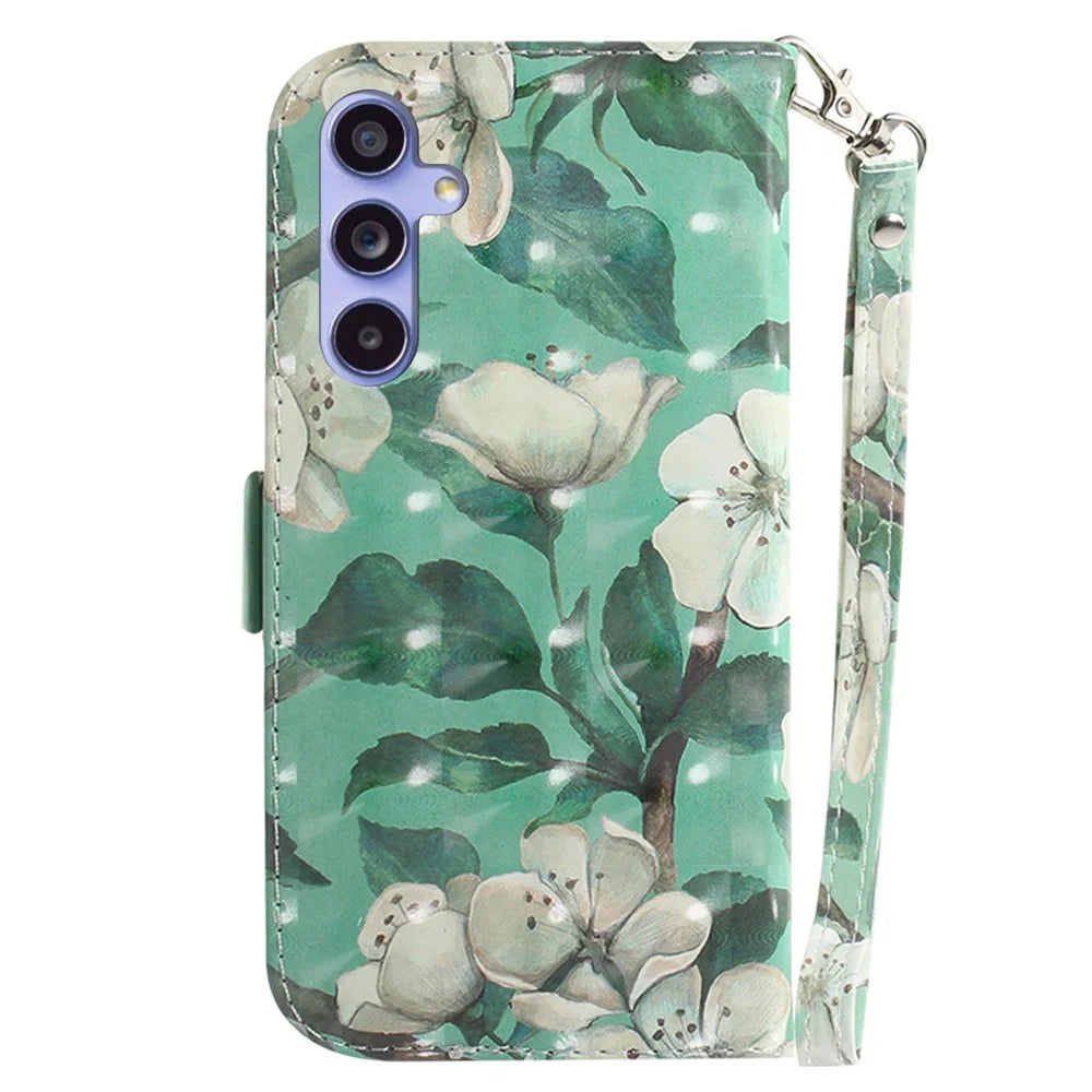 PU Leather Stand Filp Cover for Samsung Galaxy S23 FE , 3D Pattern Printing Wallet Phone Case with Strap - Watercolor Flowers - 7