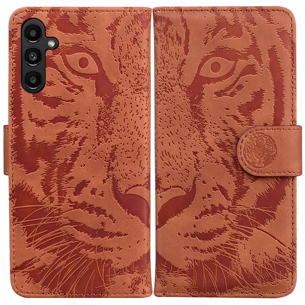 Protective Case for Samsung Galaxy A25 5G (Global) (161.0 x 76.5 x 8.3mm) , Tiger Imprint PU Leather Folio Flip Cover Wallet Phone Shell - Brown - 1