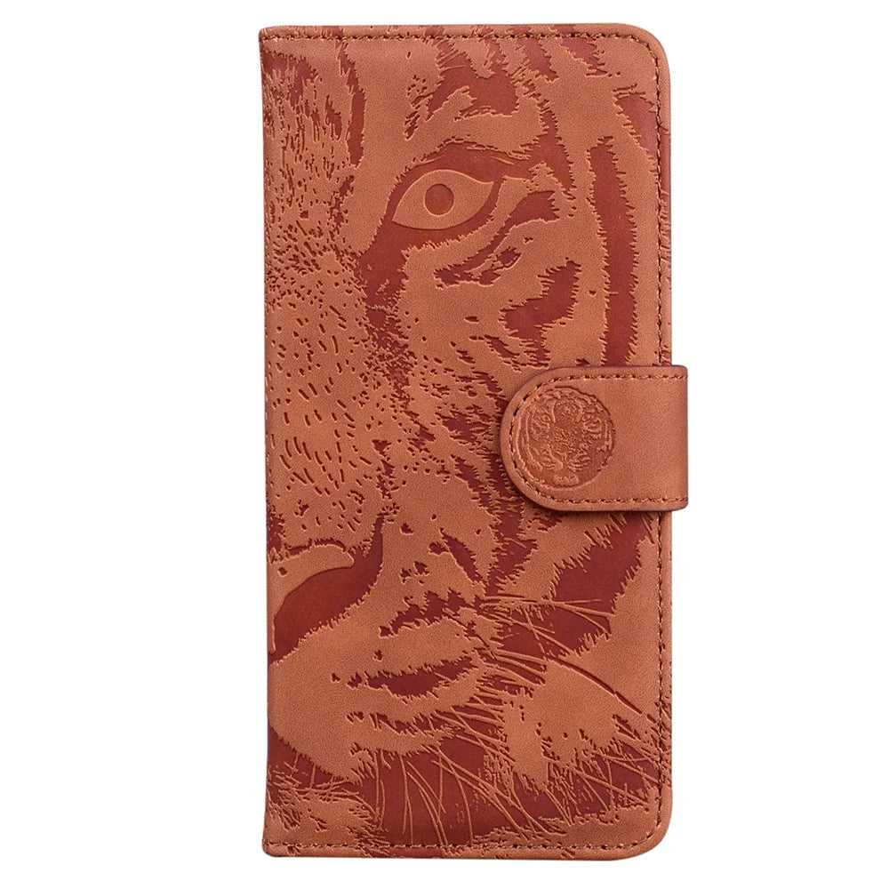 Protective Case for Samsung Galaxy A25 5G (Global) (161.0 x 76.5 x 8.3mm) , Tiger Imprint PU Leather Folio Flip Cover Wallet Phone Shell - Brown - 6