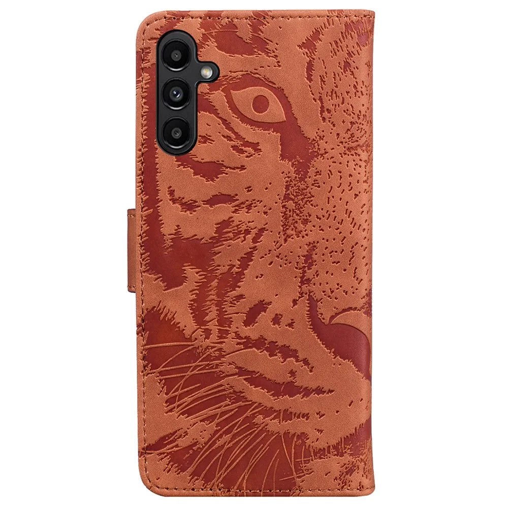 Protective Case for Samsung Galaxy A25 5G (Global) (161.0 x 76.5 x 8.3mm) , Tiger Imprint PU Leather Folio Flip Cover Wallet Phone Shell - Brown - 7