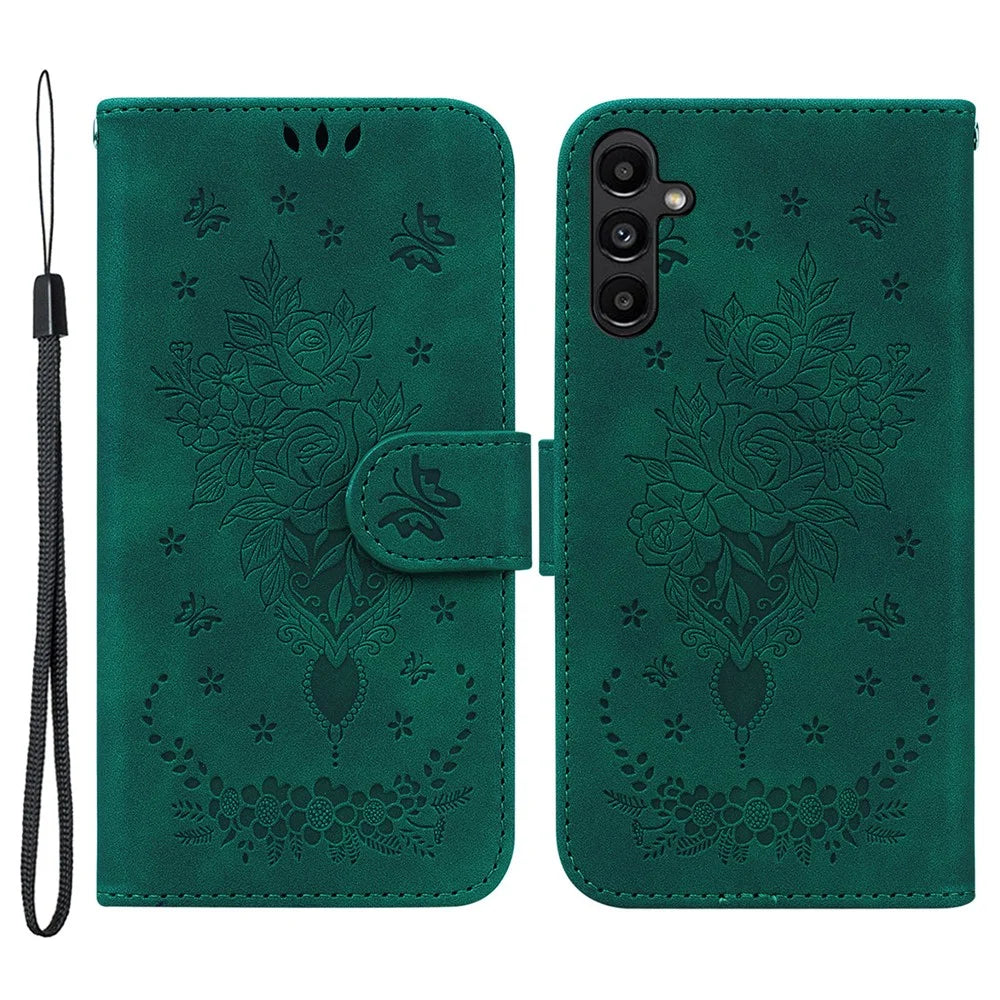 For Samsung Galaxy A25 5G (Global) (161.0 x 76.5 x 8.3mm) Rose Butterfly Imprinted Shockproof Phone Shell Leather Wallet Stand Cover - Green - 1