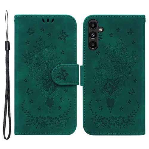 For Samsung Galaxy A25 5G (Global) (161.0 x 76.5 x 8.3mm) Rose Butterfly Imprinted Shockproof Phone Shell Leather Wallet Stand Cover - Green - 1
