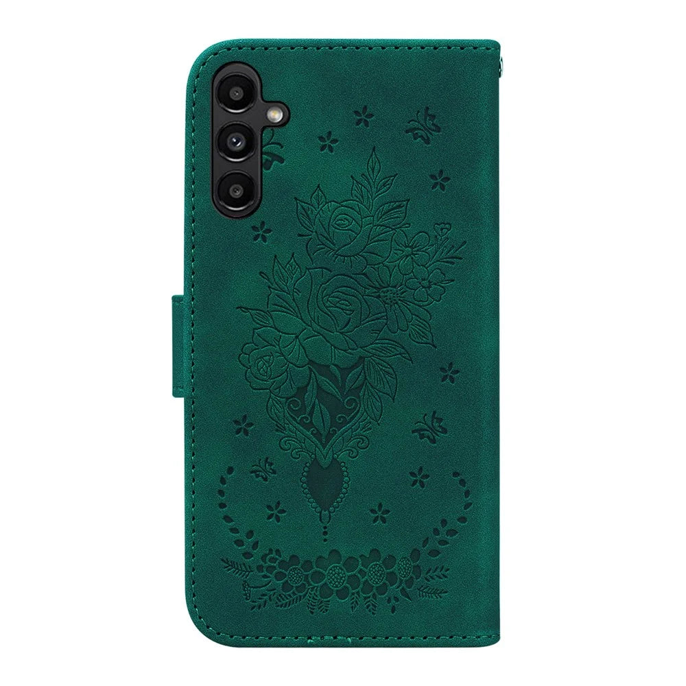 For Samsung Galaxy A25 5G (Global) (161.0 x 76.5 x 8.3mm) Rose Butterfly Imprinted Shockproof Phone Shell Leather Wallet Stand Cover - Green - 7