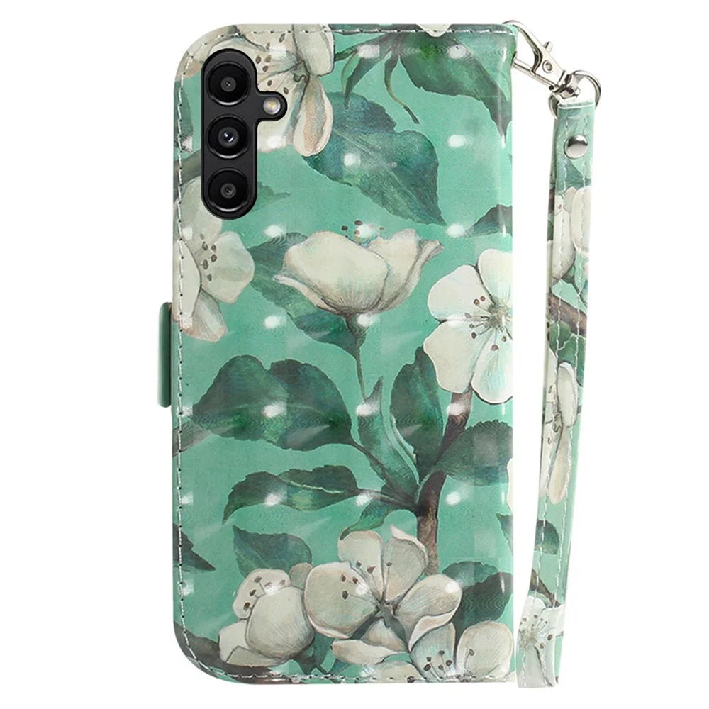 For Samsung Galaxy A25 5G (Global) (161.0 x 76.5 x 8.3mm) PU Leather 3D Pattern Printing Stand Wallet Cover with Strap - Watercolor Flowers - 7