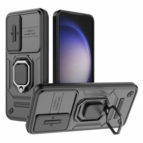 For Samsung Galaxy S23 Drop Resistant PC+TPU Phone Case Slide Lens Protection Kickstand Cover - Black - 1