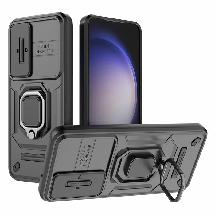 For Samsung Galaxy S23 Drop Resistant PC+TPU Phone Case Slide Lens Protection Kickstand Cover - Black - 1