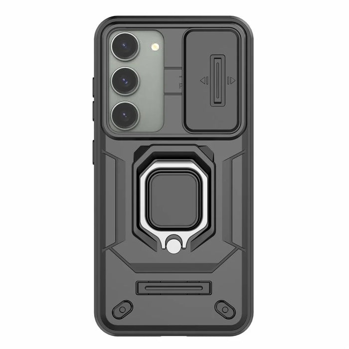 For Samsung Galaxy S23 Drop Resistant PC+TPU Phone Case Slide Lens Protection Kickstand Cover - Black - 2