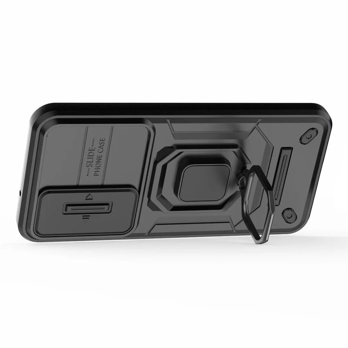 For Samsung Galaxy S23 Drop Resistant PC+TPU Phone Case Slide Lens Protection Kickstand Cover - Black - 3