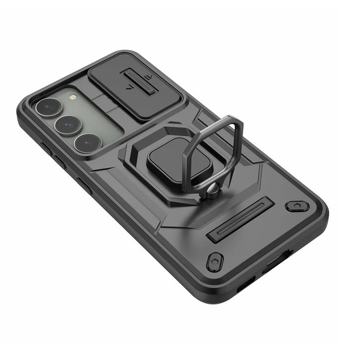 For Samsung Galaxy S23 Drop Resistant PC+TPU Phone Case Slide Lens Protection Kickstand Cover - Black - 5
