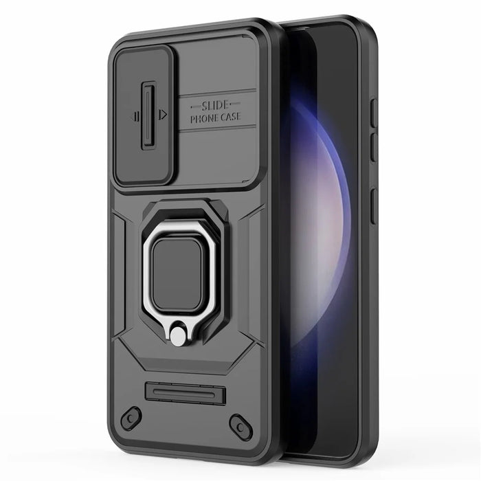 For Samsung Galaxy S23 Drop Resistant PC+TPU Phone Case Slide Lens Protection Kickstand Cover - Black - 6