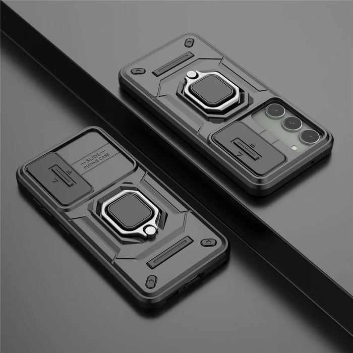 For Samsung Galaxy S23 Drop Resistant PC+TPU Phone Case Slide Lens Protection Kickstand Cover - Black - 7