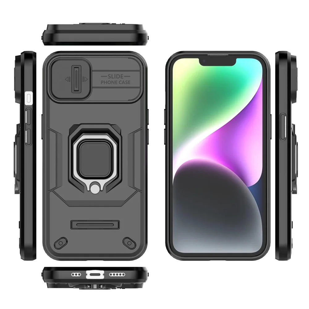 Mobile Phone Shell for iPhone 14 , PC+TPU Phone Case Slide Lens Protection Kickstand Back Cover - Black - 7