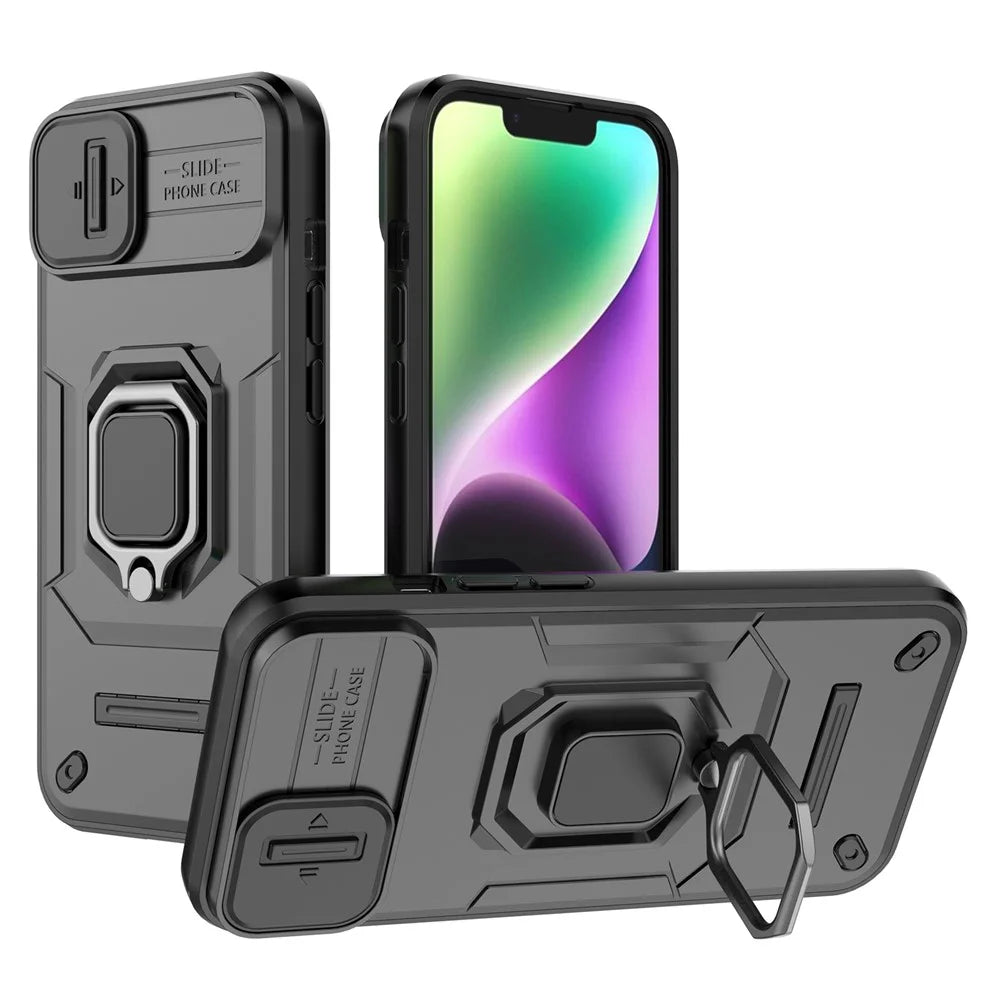 Cellphone Shell for iPhone 14 Plus , PC+TPU Phone Case Slide Lens Protection Kickstand Back Cover - Black - 1