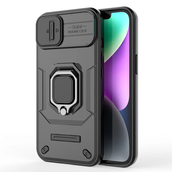 Cellphone Shell for iPhone 14 Plus , PC+TPU Phone Case Slide Lens Protection Kickstand Back Cover - Black - 6