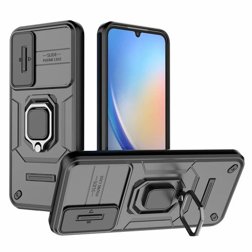 PC+TPU Back Shell for Samsung Galaxy A34 5G , Phone Case Slide Lens Protection Bump Proof Kickstand Cover - Black - 1