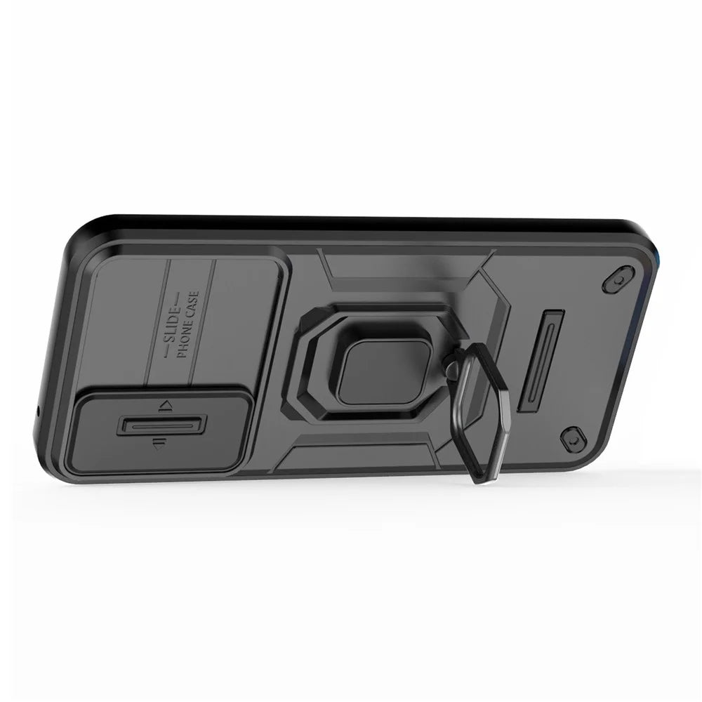 PC+TPU Back Shell for Samsung Galaxy A34 5G , Phone Case Slide Lens Protection Bump Proof Kickstand Cover - Black - 4