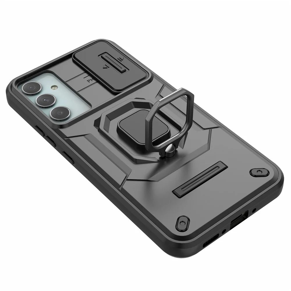 PC+TPU Back Shell for Samsung Galaxy A34 5G , Phone Case Slide Lens Protection Bump Proof Kickstand Cover - Black - 5