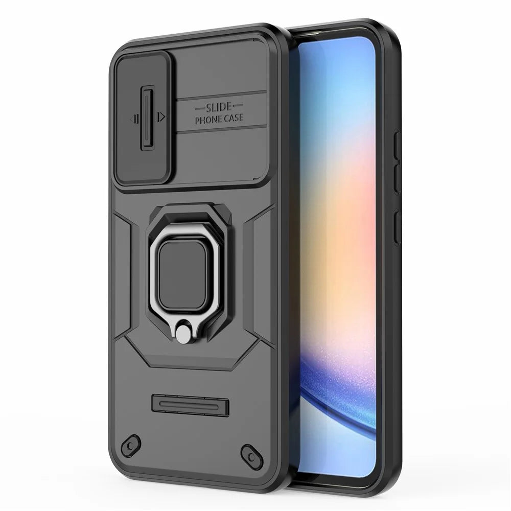 PC+TPU Back Shell for Samsung Galaxy A34 5G , Phone Case Slide Lens Protection Bump Proof Kickstand Cover - Black - 6